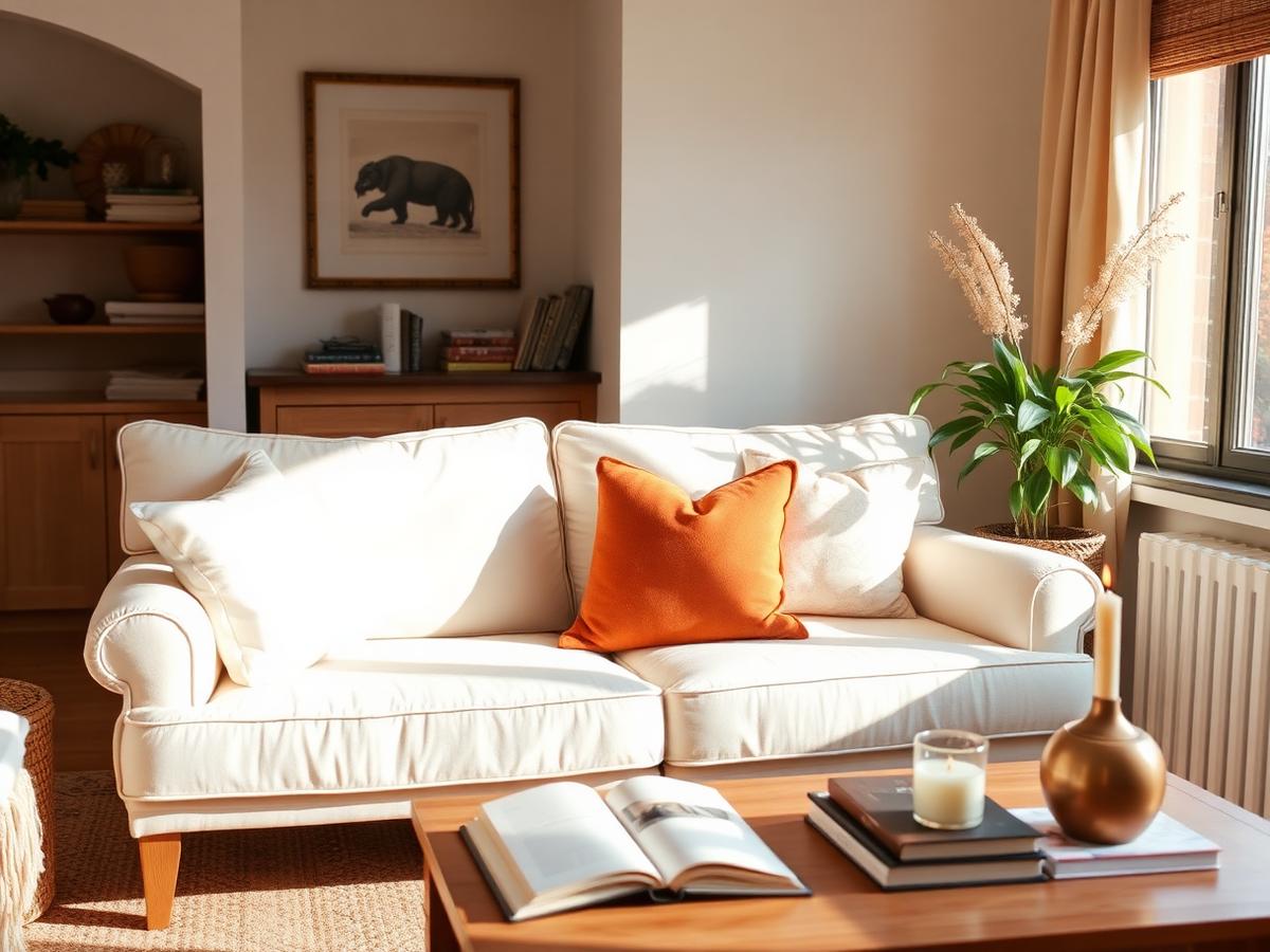 Cozy living room with cream sofa and warm afternoon light